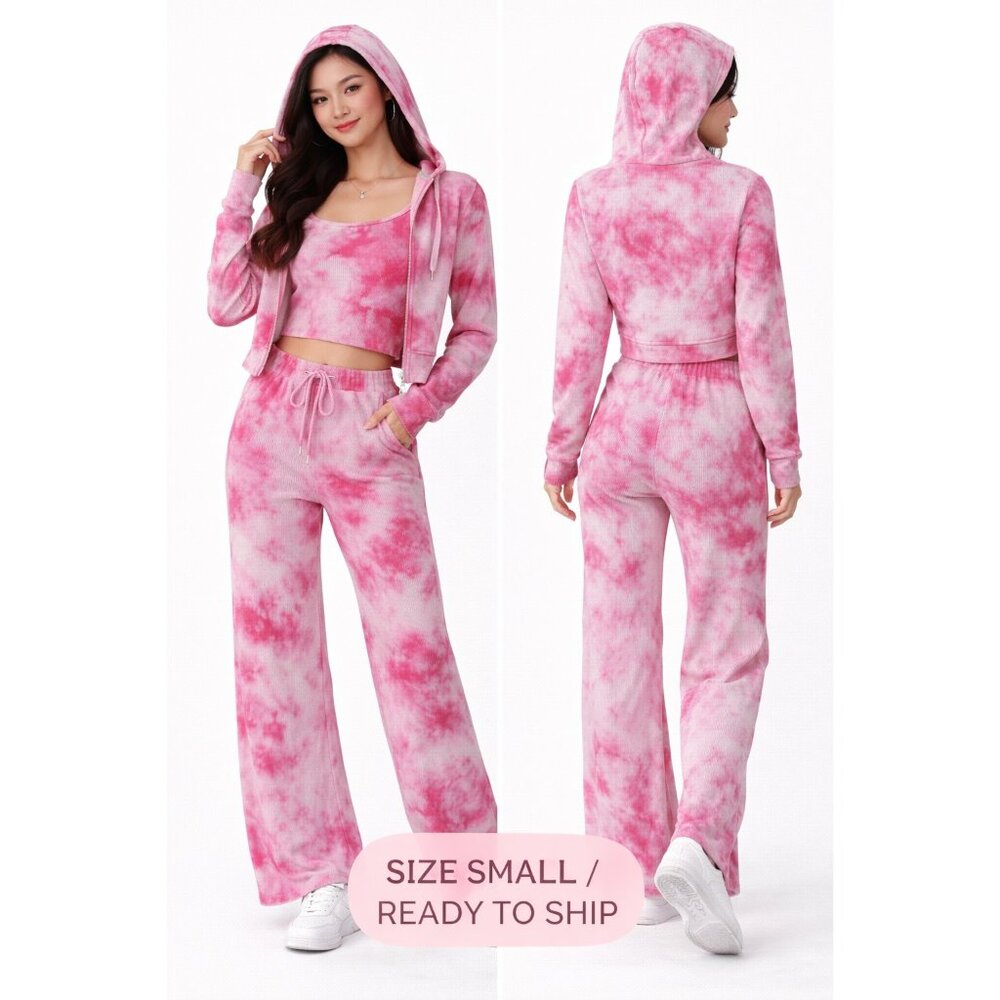 💖 NWT Pink Tie Dye 3-Piece Lounge Set Cami Hoodie Flares S 💖